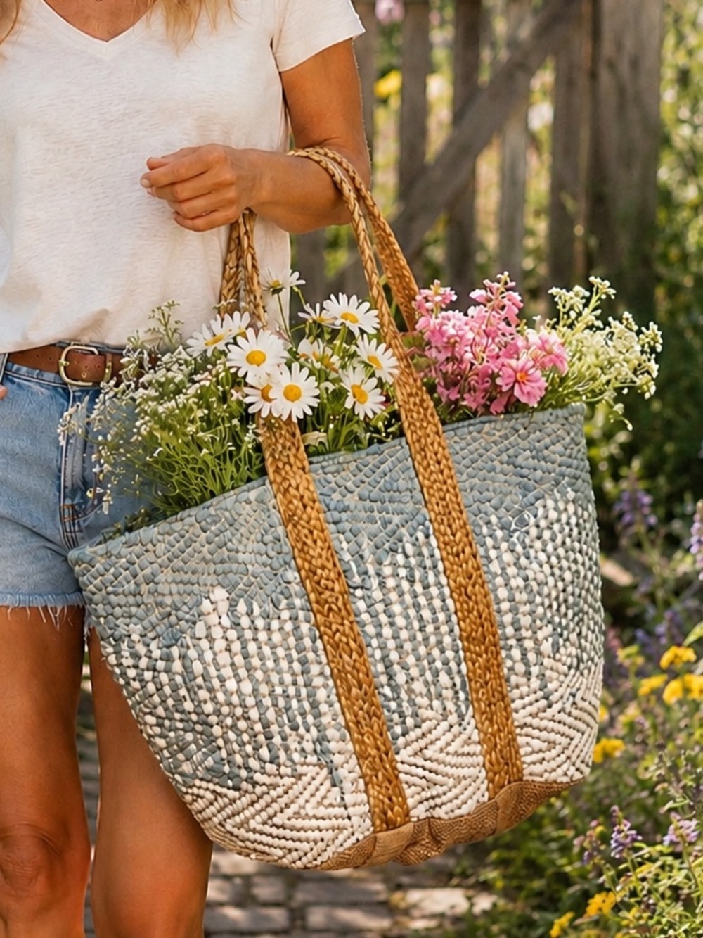 POL Woven Straw Tote Bag in Light Blue and Natural